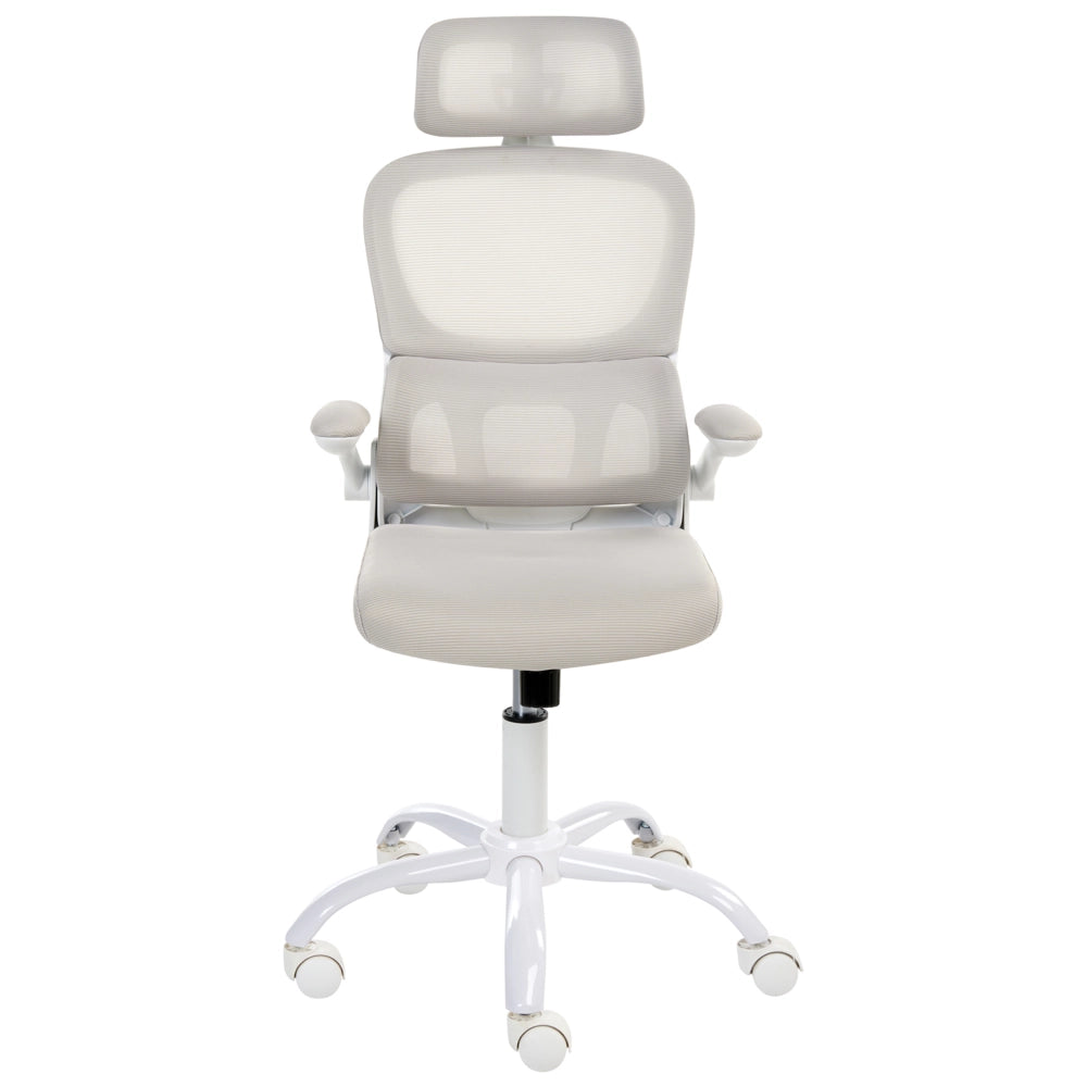 Sedia da ufficio beige con rivestimento in rete base in ferro girevole altezza regolabile poggiatesta e braccioli schienale reclinabile