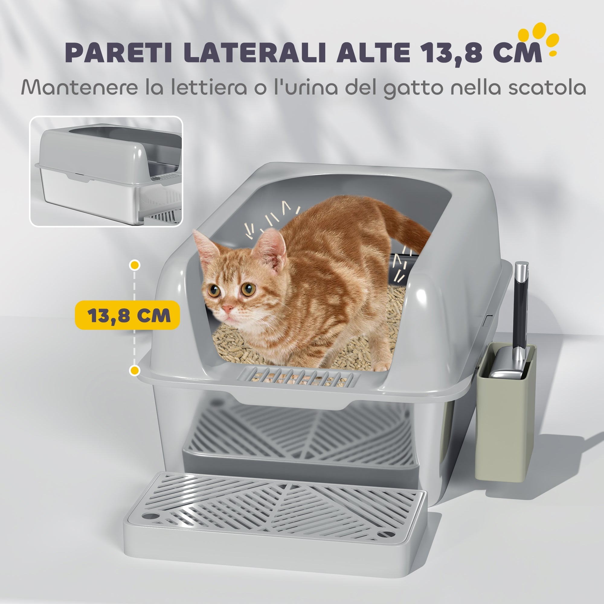 Lettiera per Gatti con Gradino 60,2x40,6x29 cm in Acciaio Inox e ABS Grigio Chiaro