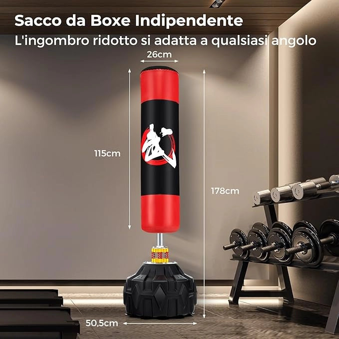 Sacco da Boxe da Terra, Pungiball Autoportante con Base Riempibile, 12 Ventose e Ammortizzatori per Adulti e Adolescenti, Punching Ball in Piedi per Allenamento in Casa e Ufficio