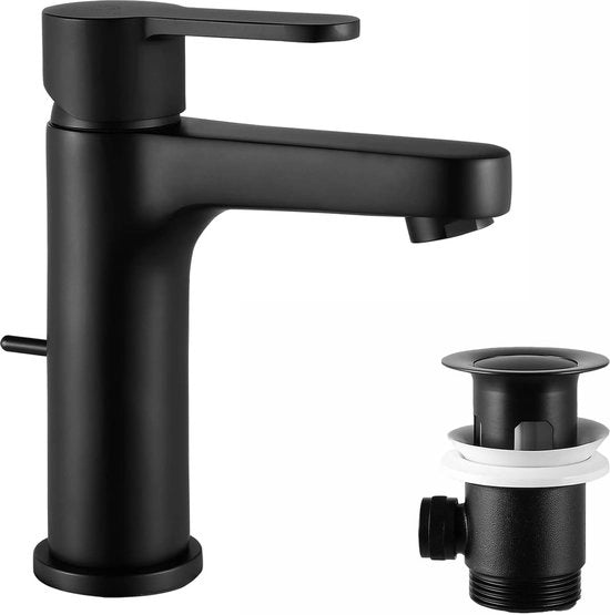 Kraan per doccia in alluminio con maniglia a trazione, senza toccare le mani, impianto di scarico inclusa, attacco per lavabo, impianto di scarico, colore nero