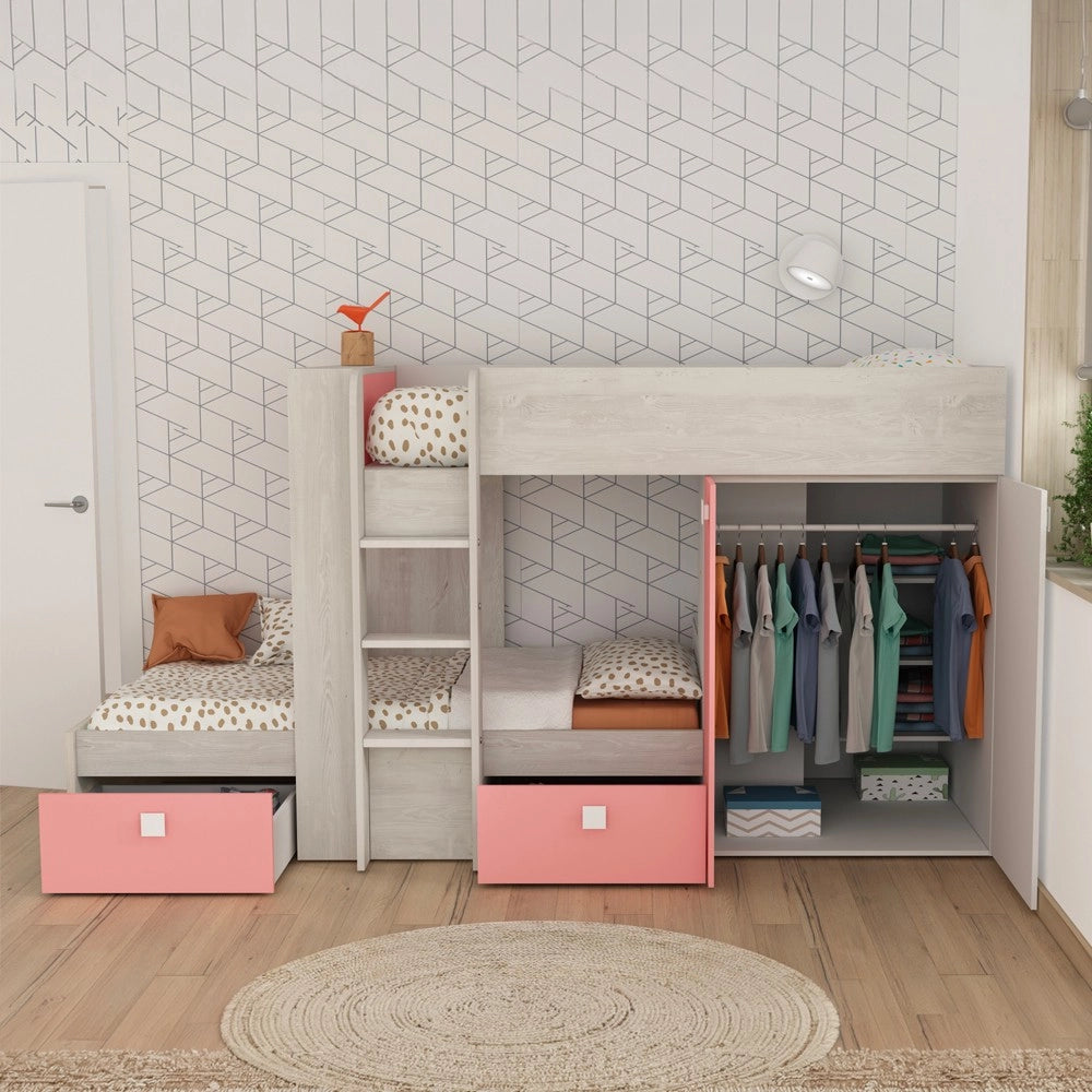 Letto a castello bianco consumato e rosa flamingo con armadio e cassetti 1267
