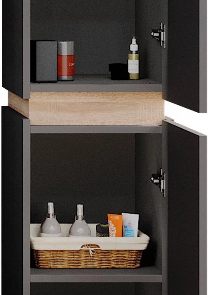 Armadio per il bagno Gloria, Antracite, 33 x 197.5 cm con 2 porte, con apertura per sifone e compatibile con la serie Gloria