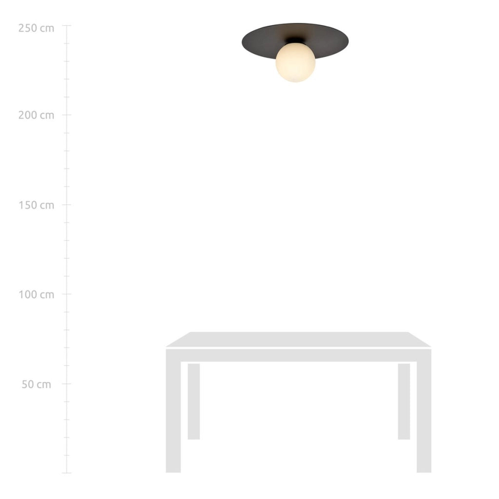 Lampada a sospensione Solar con base in acciaio nero e vetro opalino