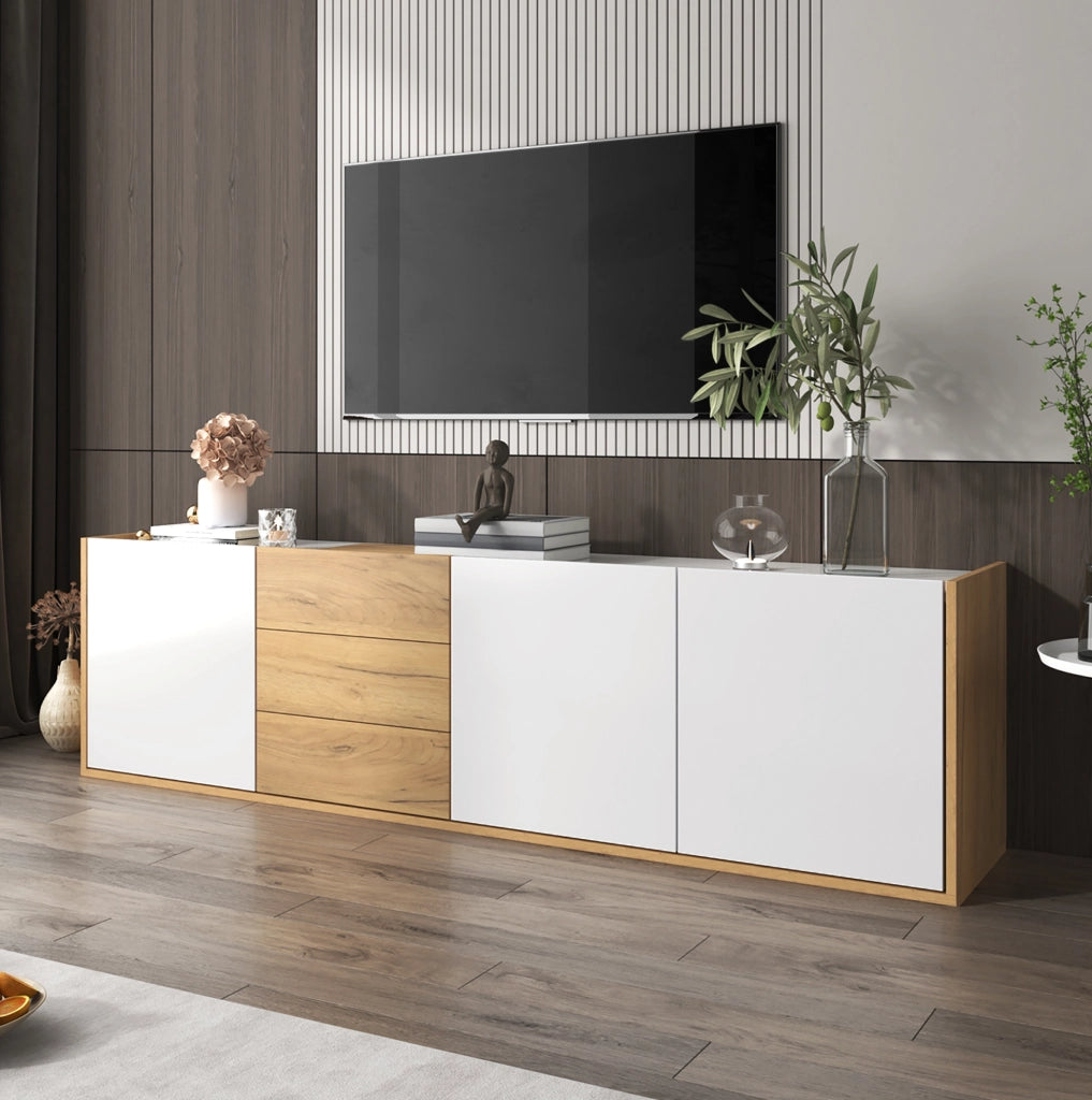 Mobile TV da parete o da terra con 3 ante e 3 cassetti; 171;5 x 35 x 47 cm; in MDF bianco e legno