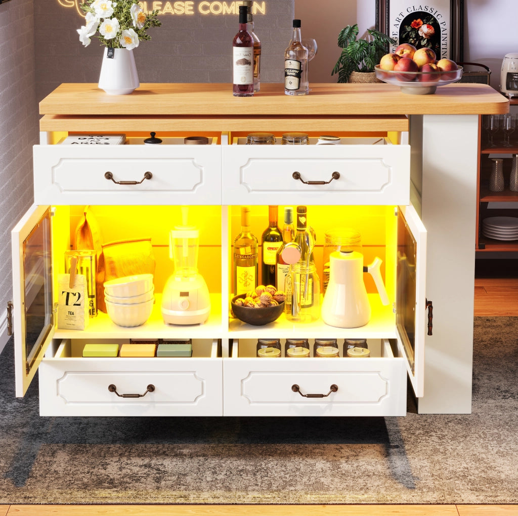 Tavolo bar 135-203x39x92.8 cm allungabile con rotazione a 360° e LED in MDF bianco e naturale