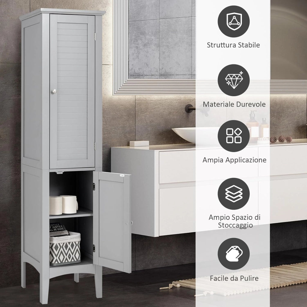 Mobile da Bagno Alto con 2 Ante, Armadio da Terra con 5 Vani, Mobile Colonna per Bagno Cucina Soggiorno, 37 x 37 x 160 cm (Grigio)