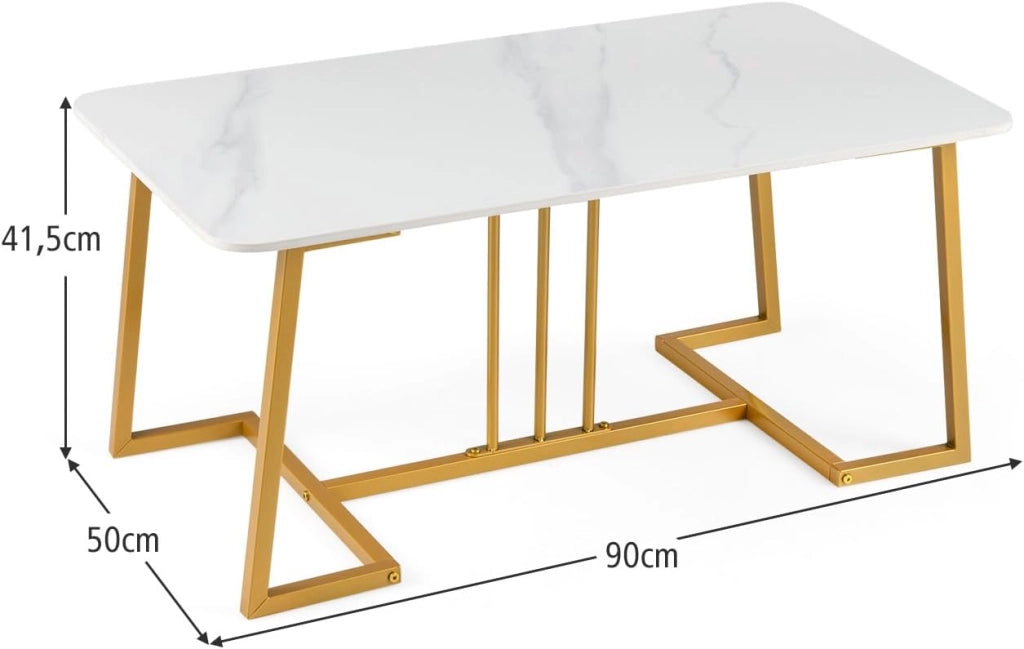 Tavolino Salotto Basso con Ampio Piano in Finto Marmo, Tavolino da Caffè Rettangolare, Struttura in Metallo, Design Moderno per Soggiorno, Camera da Letto e Ufficio, 90 X 50 X 41,5 CM