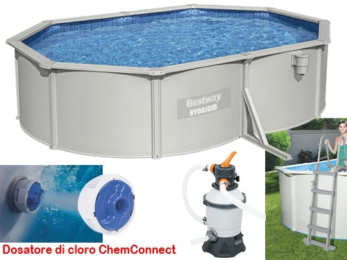 PISCINA OVALE FUORI TERRA HYDRIUM BESTWAY 500x360xH120 -56586 + SKIMMER, POMPA, SCALETTA, TELO E DOSATORE