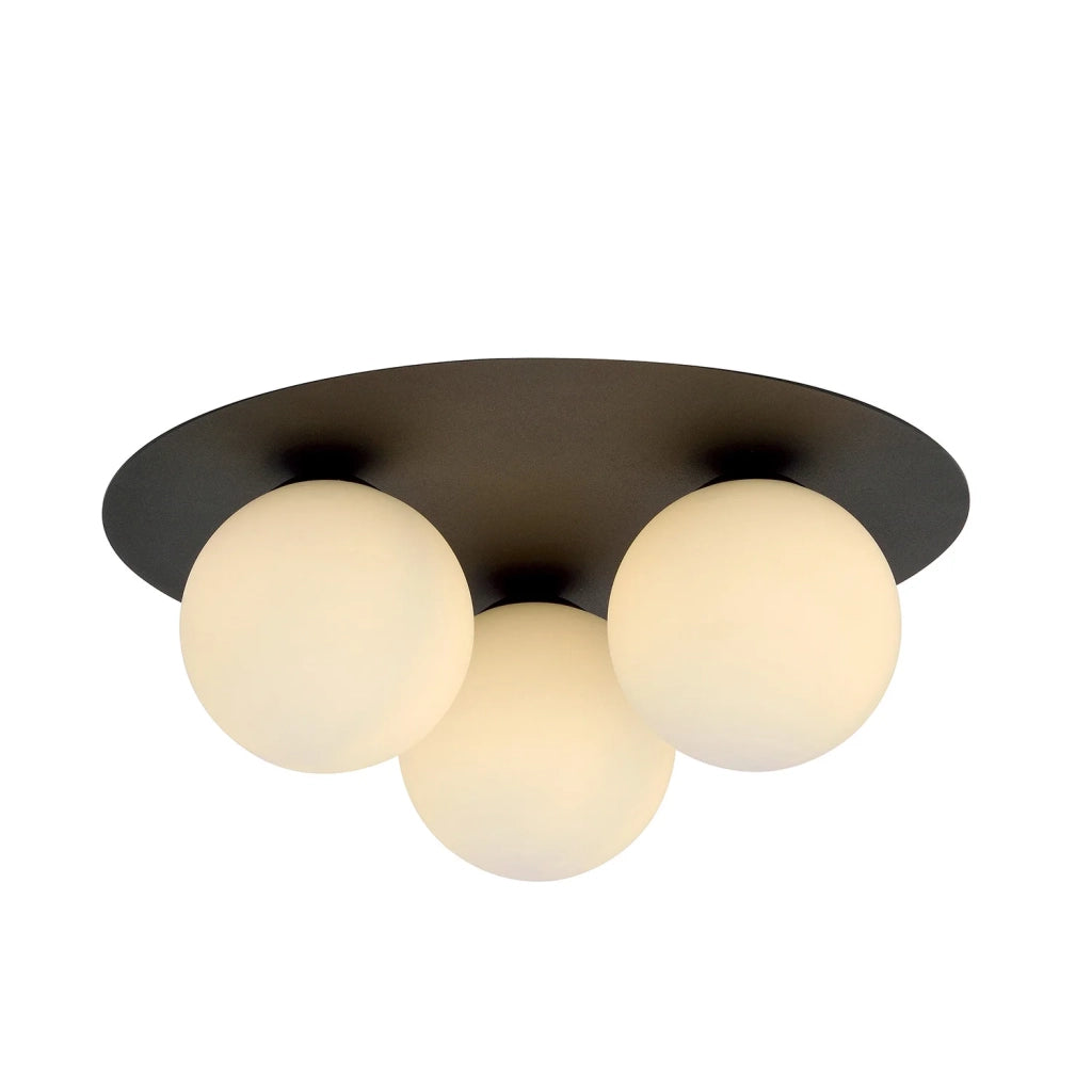 Plafoniera Minimal 3 Luci Mnemosine In Acciaio Nero E Sfere Di Vetro Opale