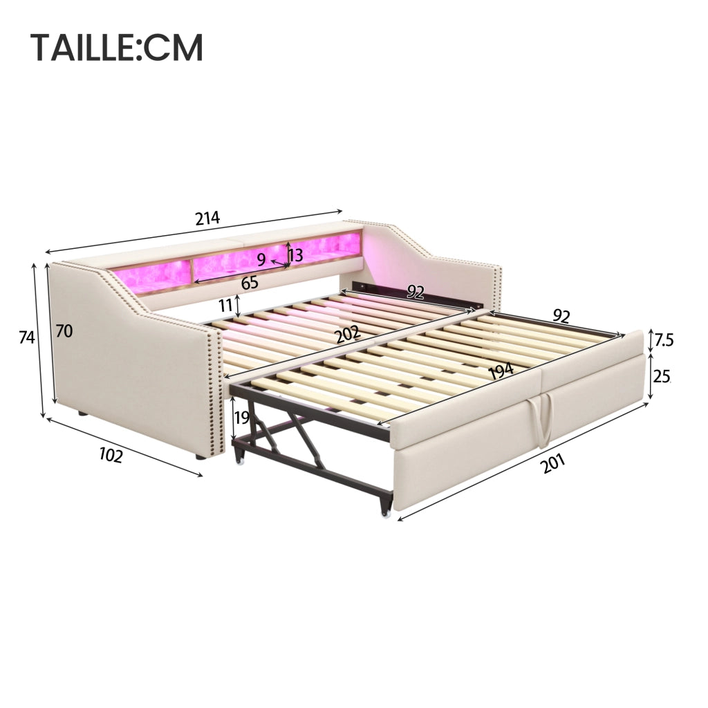 Letto imbottito estraibile matrimoniale 90×200 cm e 180×200 cm con ripiani; USB; LED; rete; senza materasso; beige