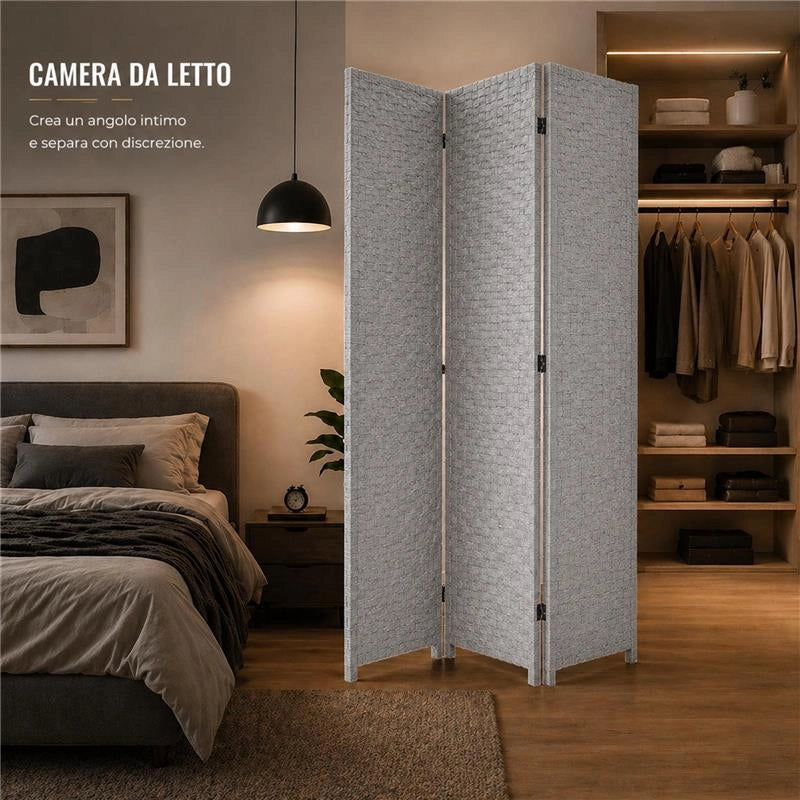 SEPARE' CON TRE PANNELLI IN PLASTICA GRIGIO CON STRUTTURA IN LEGNO MISURE: 180X135CM