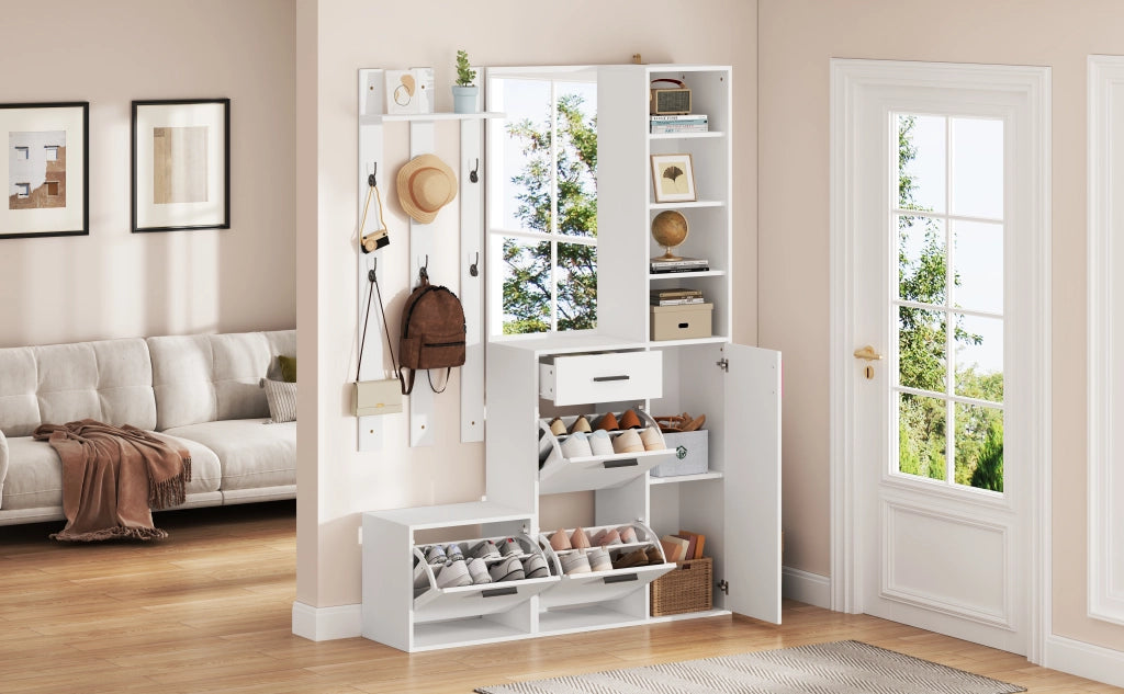 Mobile da ingresso con specchio; 6 ganci; 3 scarpiere estraibili e 13 zone; MDF; bianco
