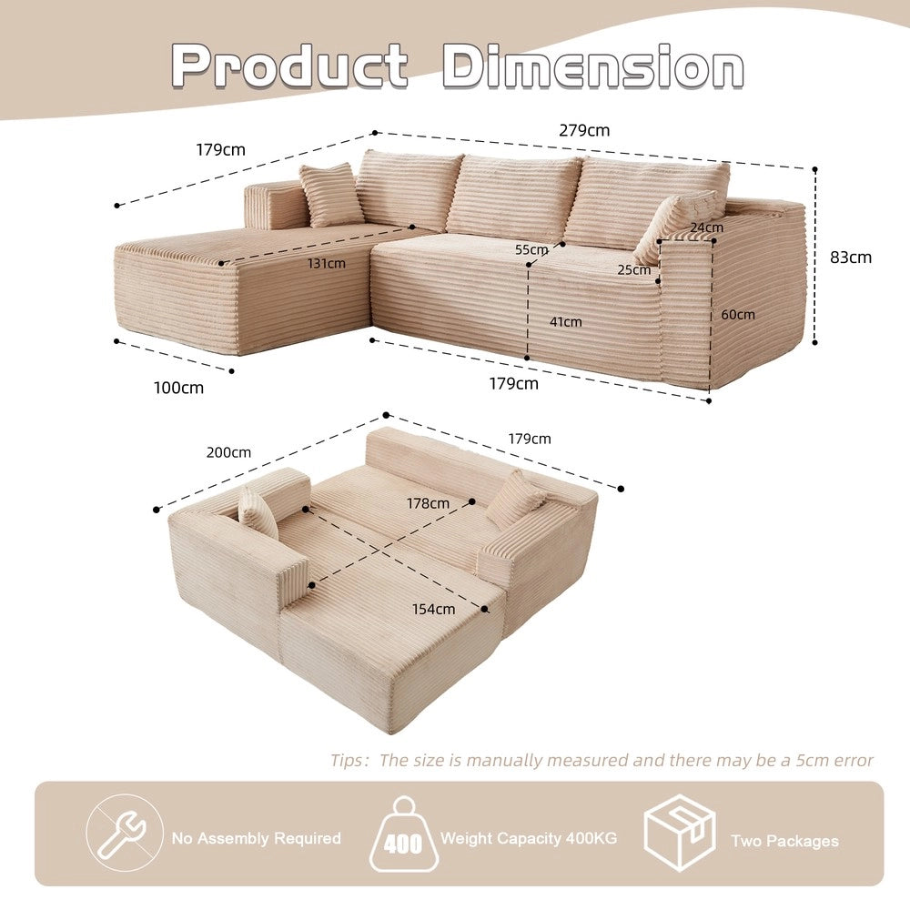 Divano Angolare con Chaise Longue ¨C MINIMAL ¨C Velluto a Coste, Beige