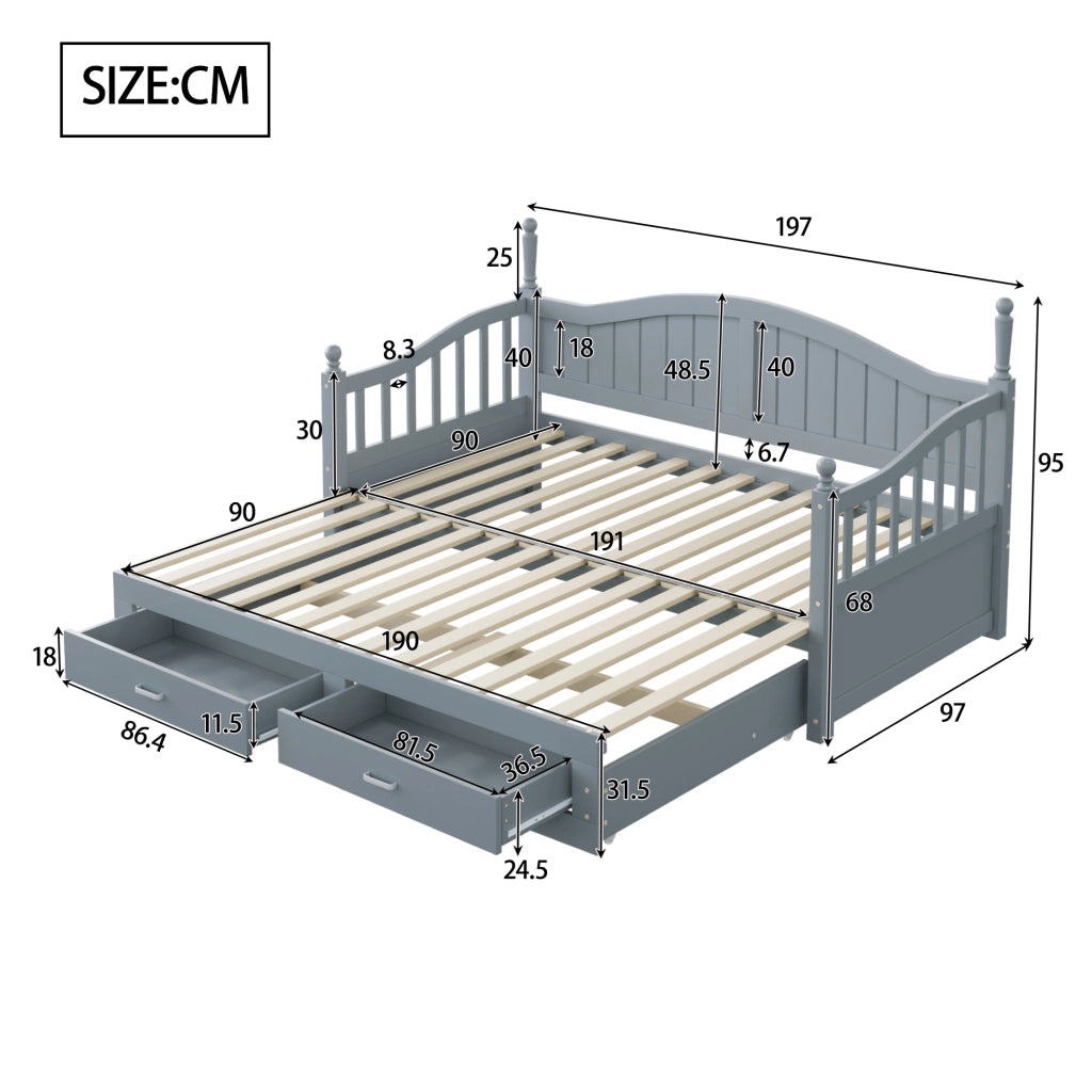 Letto estraibile matrimoniale 90×190 cm e 180×190 cm con 2 cassetti e rete; senza materasso; legno; grigio