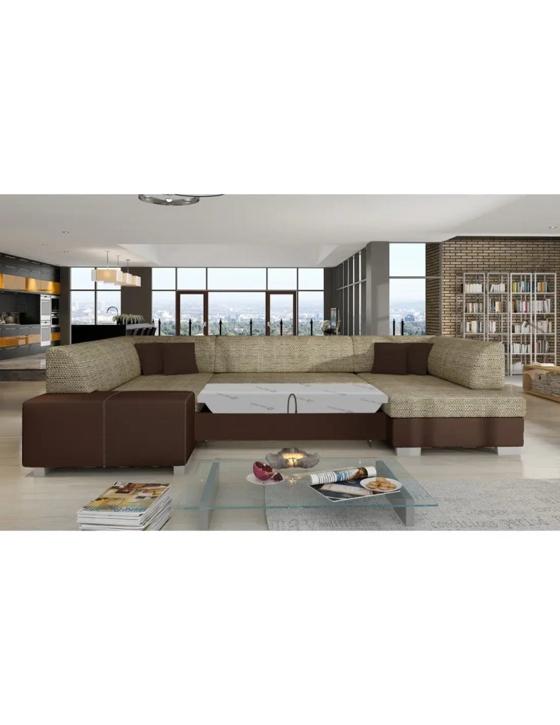 Divano panoramico a U Beige e cioccolato convertibile 6 posti HAVANA seduta in schiuma T30