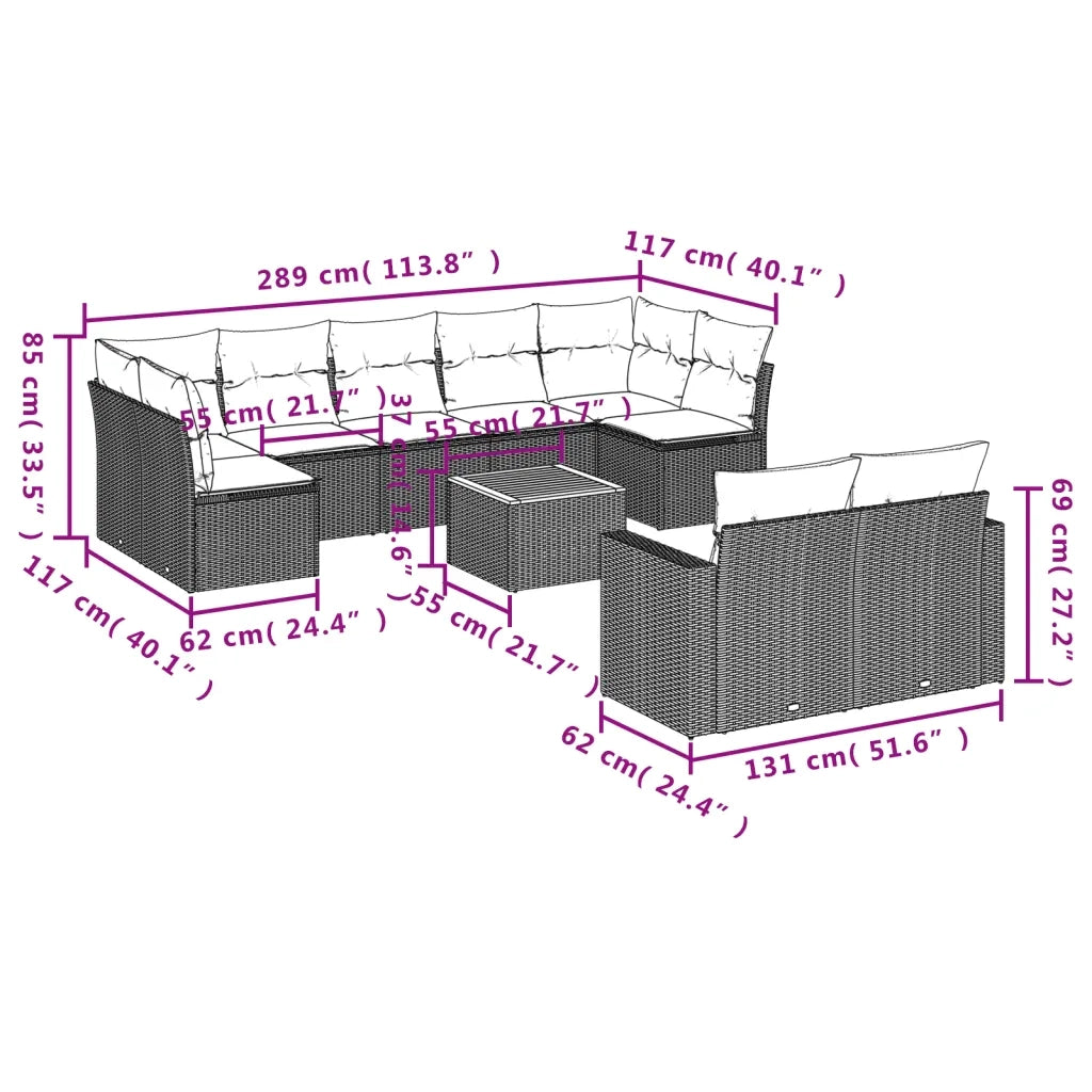 Set Divano da Giardino 10 pz con Cuscini Grigio in Polyrattan 3224275