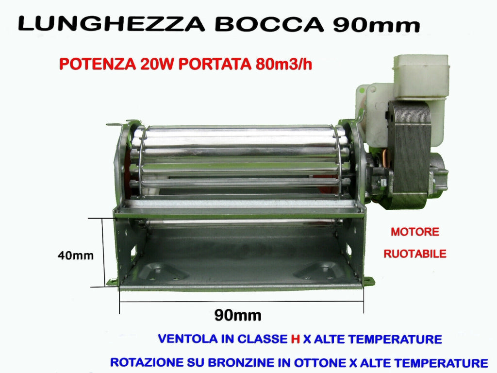 VENTOLA VENTILATORE TANGENZIALE 9 cm STUFE A PELLET CAMINO MOTORE DX CON CUSCINETTI