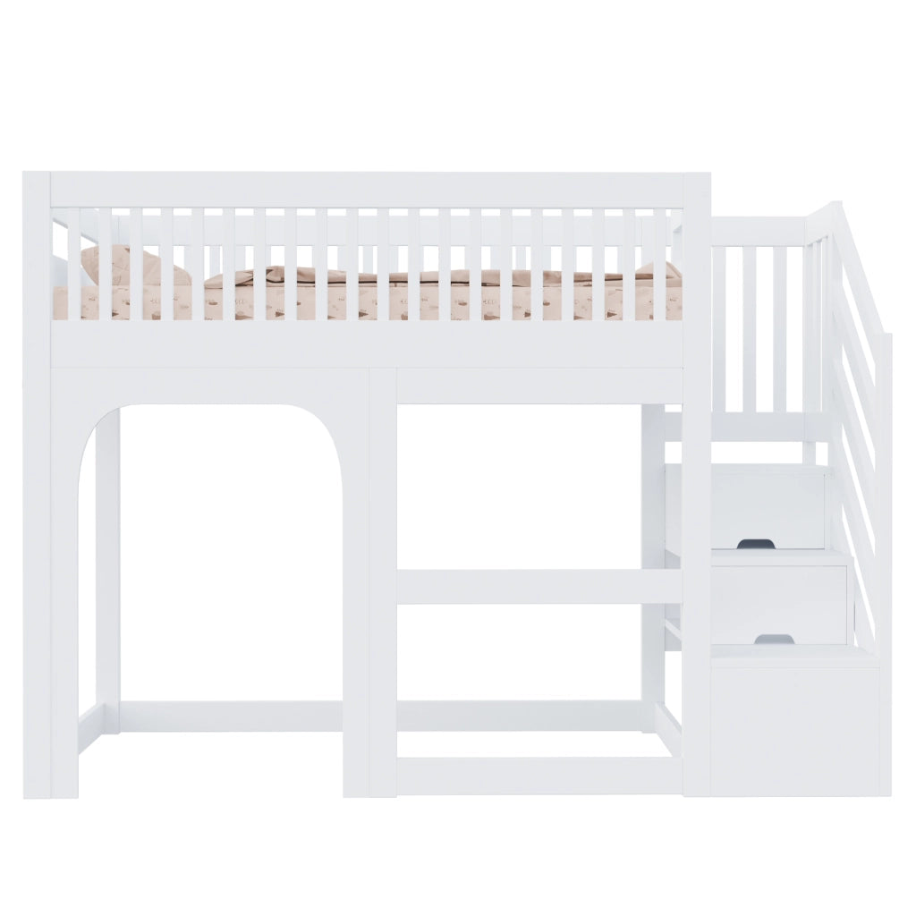 Letto a soppalco per bambini con porta e finestra, LED e scala, 90x200 cm, bianco