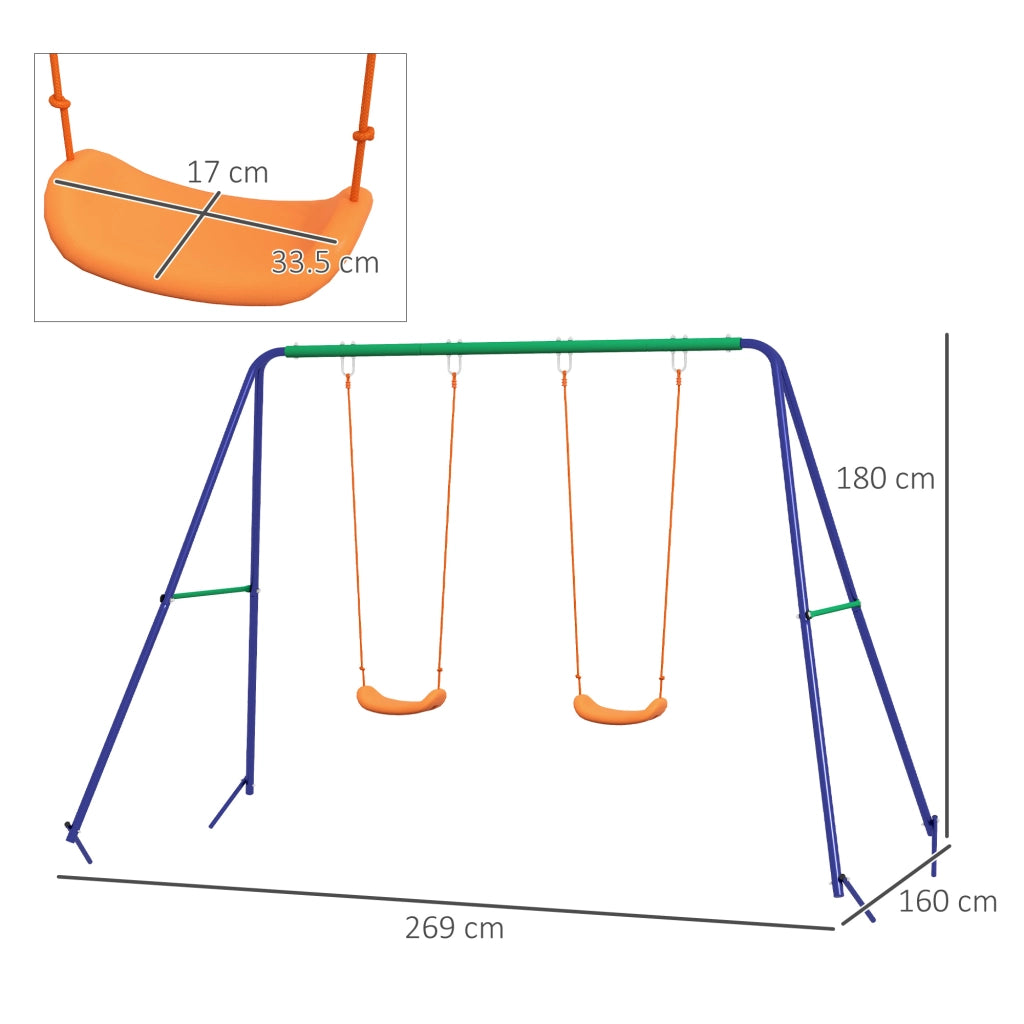 Altalena per Bambini 3-8 Anni con 2 Seggiolini e 4 Picchetti. in Metallo e PP. 269x160x180 cm