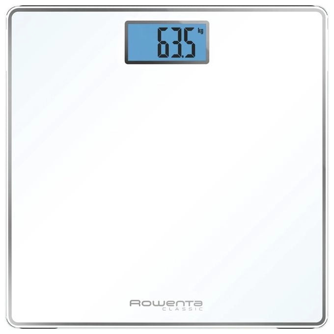 Rowenta Classic BS1501 , bilancia pesapersone elettronica, 31x31 cm, fino a 160 Kg con graduazione di precisione ogni 100g, spessore di 22 mm, batterie incluse, vetro temperato, bianco