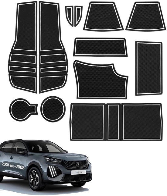 Antislipmatten per Peugeot 2008 e-2008 2020-2025, 12 pezzi di gomma per console centrale, cassetto portaoggetti, contenitore bicchieri, vano porta manubrio, vano braccio, nero-bianco