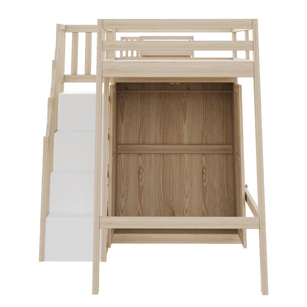 Letto a Soppalco Singolo con Scala Contenitore; Armadio e Barra Appendiabiti; 90 × 200 cm; senza Materasso