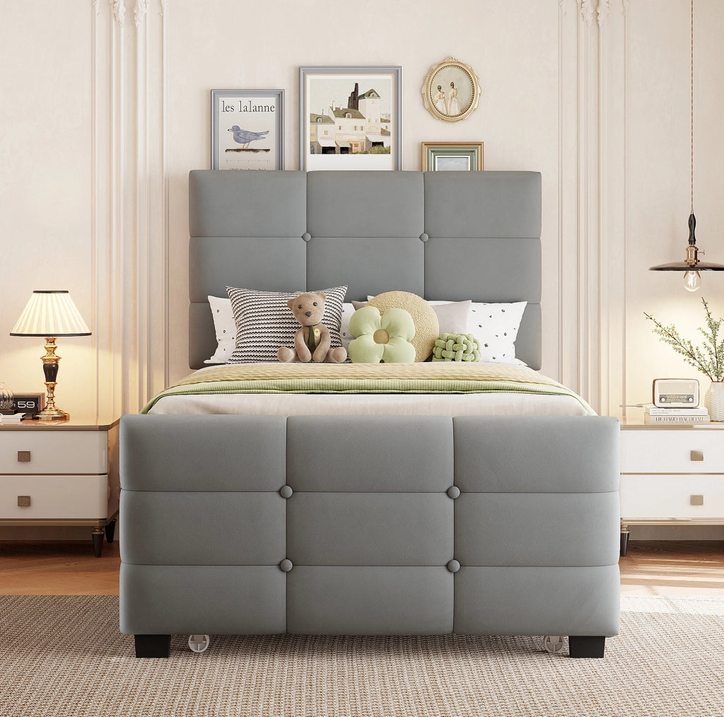 Letto imbottito con letto estraibile 90x190 cm in velluto grigio