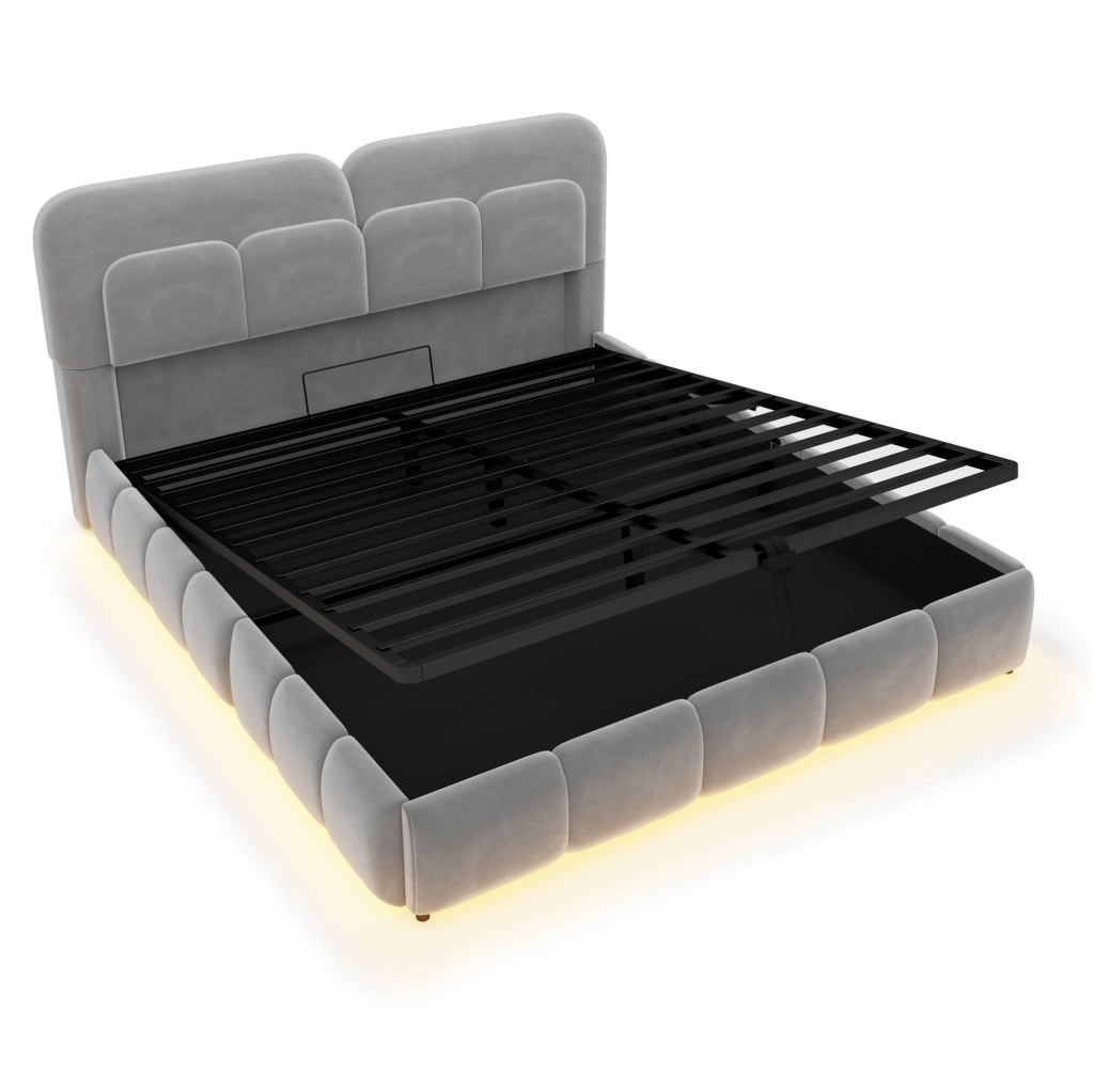 Letto imbottito 140x200 cm con contenitore idraulico e LED; velluto; grigio