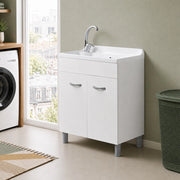 Mobile lavatoio 70x40 cm bianco opaco con vasca in abs con strofinatoio integrato e kit di scarico Medea