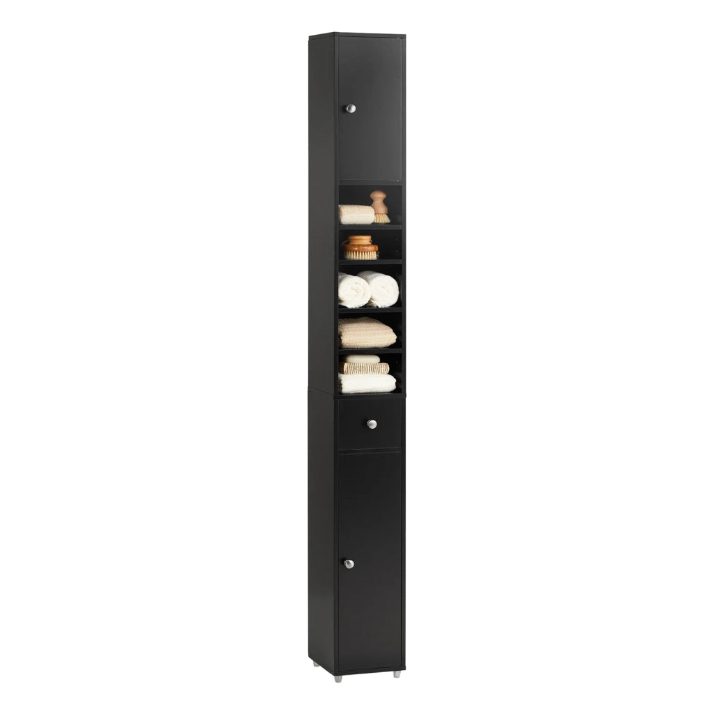 Armadio Colonna bagno, Mobile bagno alto con 2 Ante e 1 cassetto altezza: 180 cm Nero BZR34-SCH