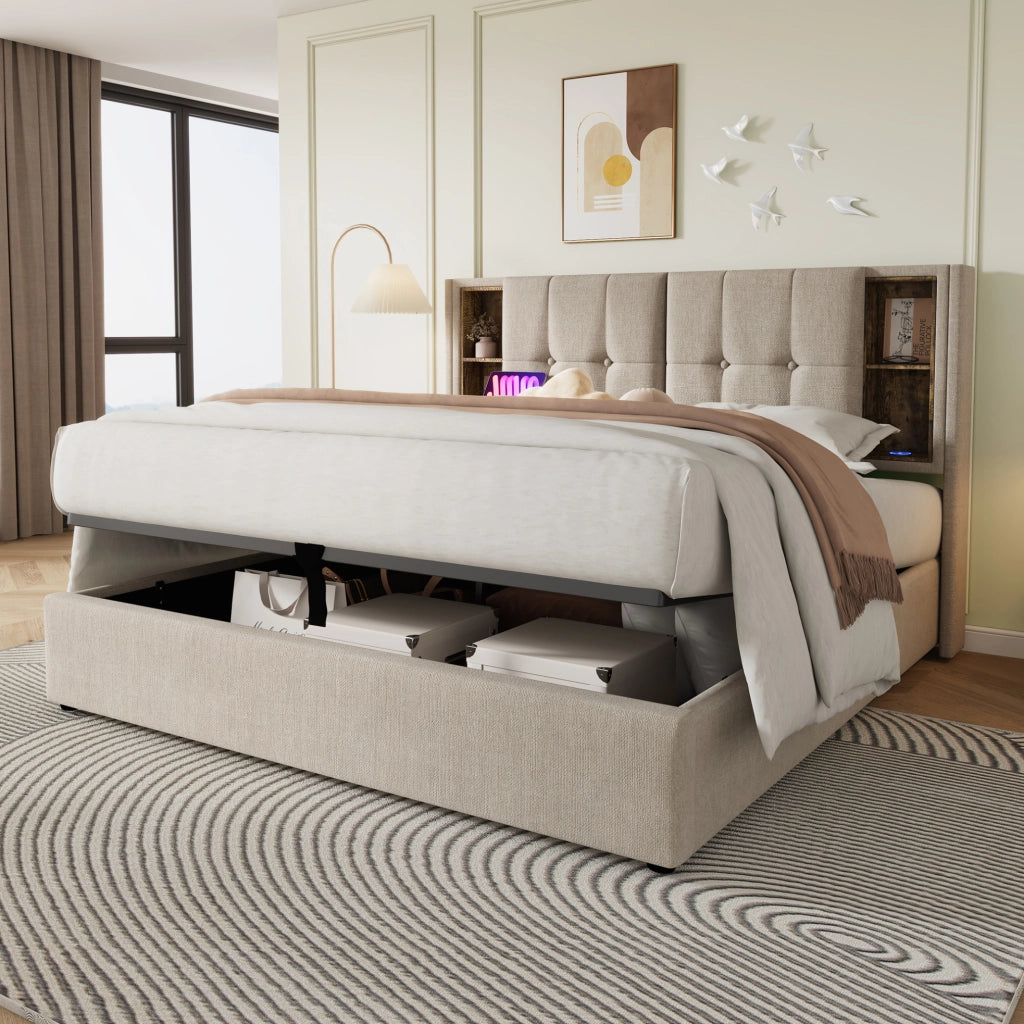 Letto imbottito 160x200 cm in lino naturale con ricarica wireless; USB e contenitore