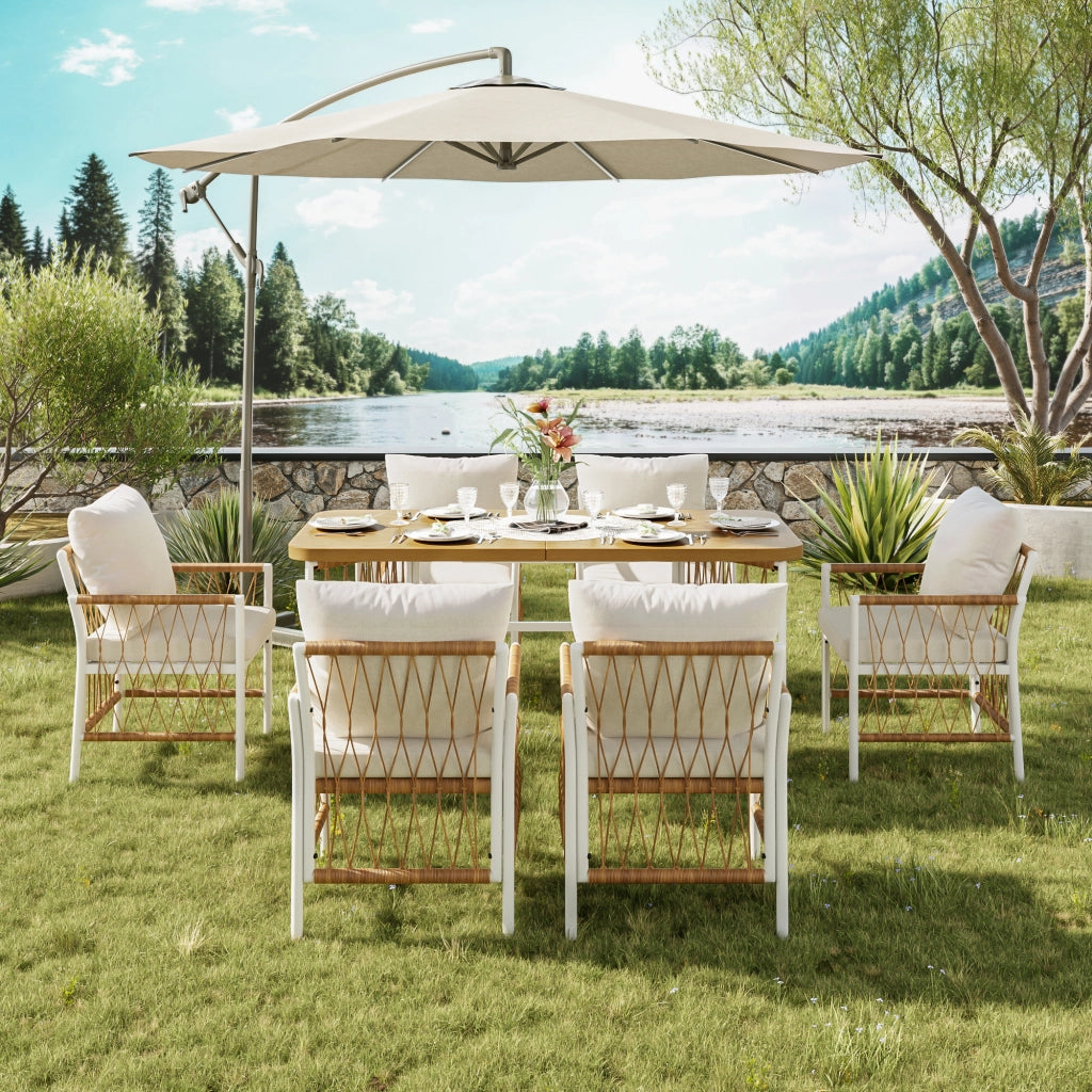 Set Tavolo e Sedie da Giardino con 1 Tavolo e 6 Sedie; Cuscini Inclusi; Ferro e Poliestere; Beige