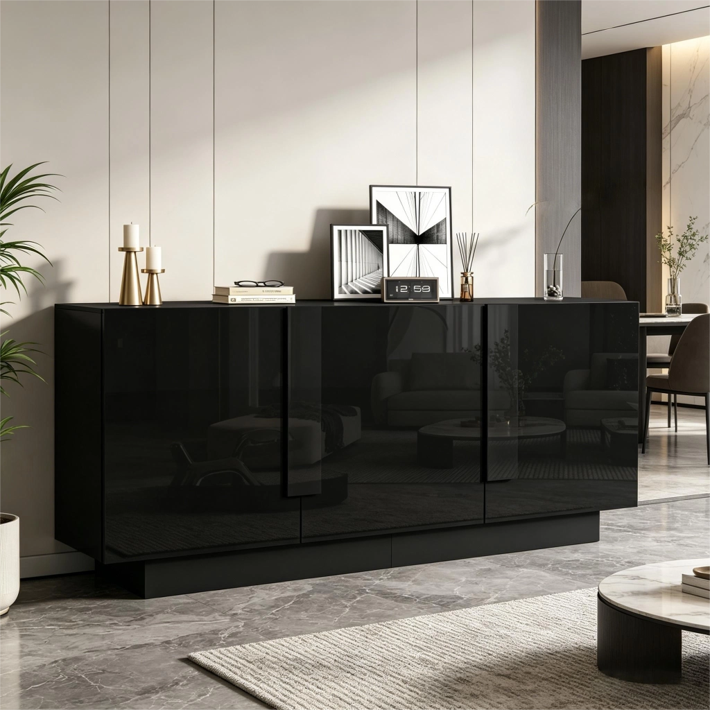 Credenza e madia a 3 ante con ripiani regolabili, finitura lucida, per soggiorno e sala da pranzo, nera 160 × 35 × 60 cm