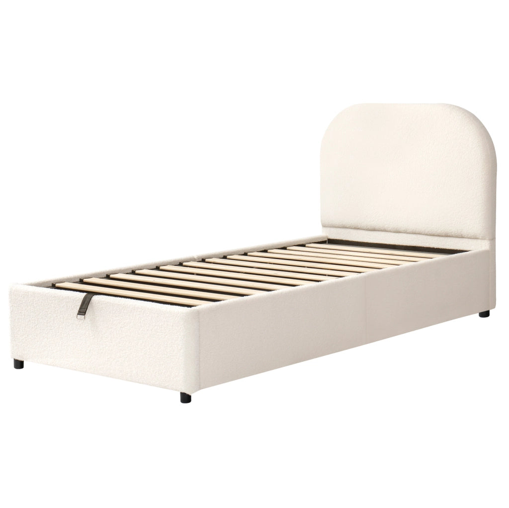 Letto per bambini 90x200 cm con contenitore idraulico; tessuto bouclé beige