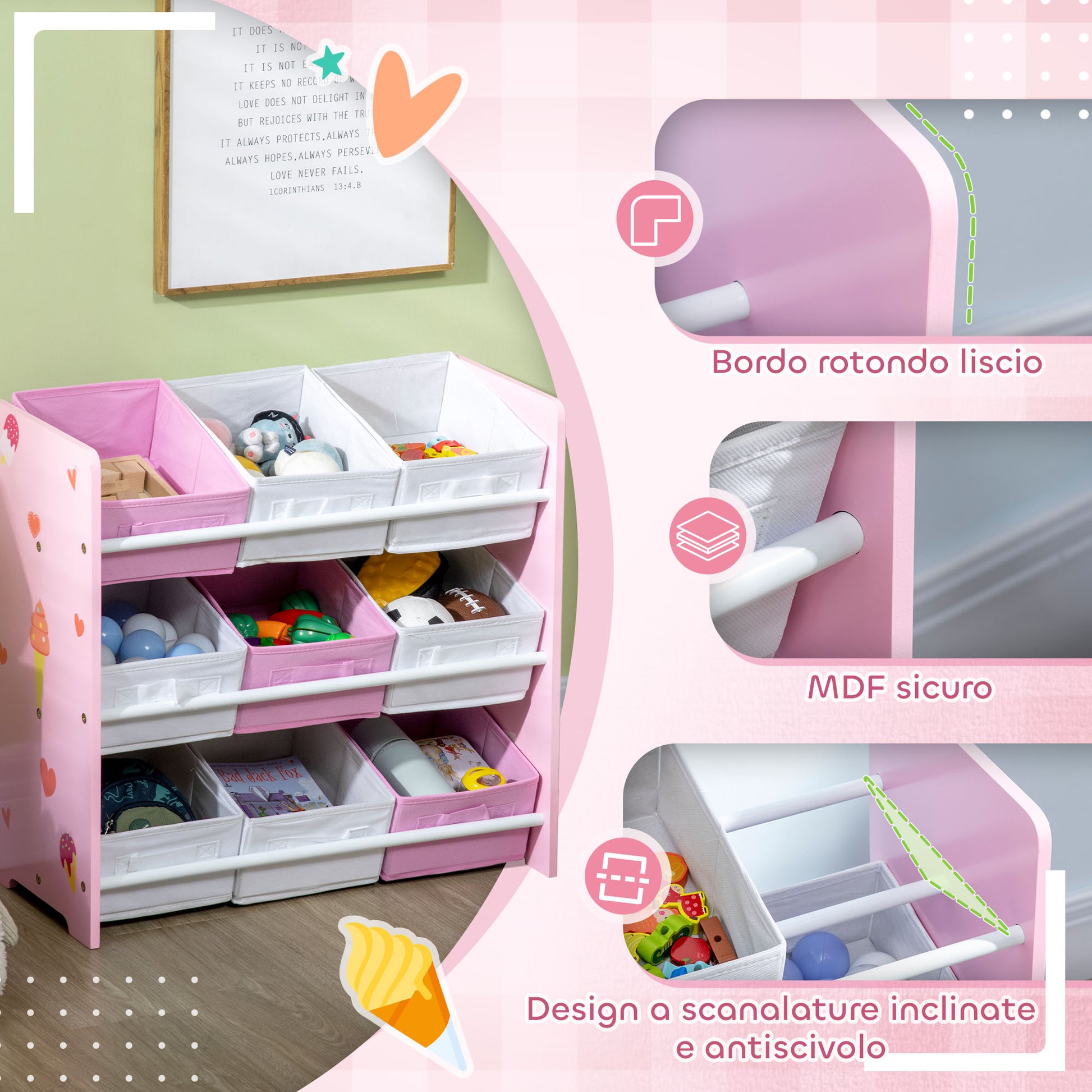 Scaffale Portagiochi per Bambini 63x30x60 cm con 9 Cestini in Tessuto in MDF Rosa e Bianco