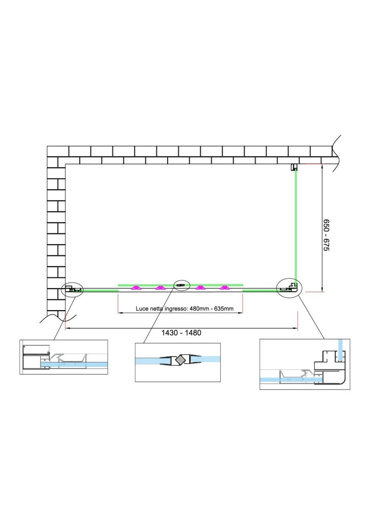 Box doccia 6 mm H 190 parete fissa e porta a 4 ante con apertura centrale MISURA 65-67,5 ANTA FISSA + PORTA 143-148