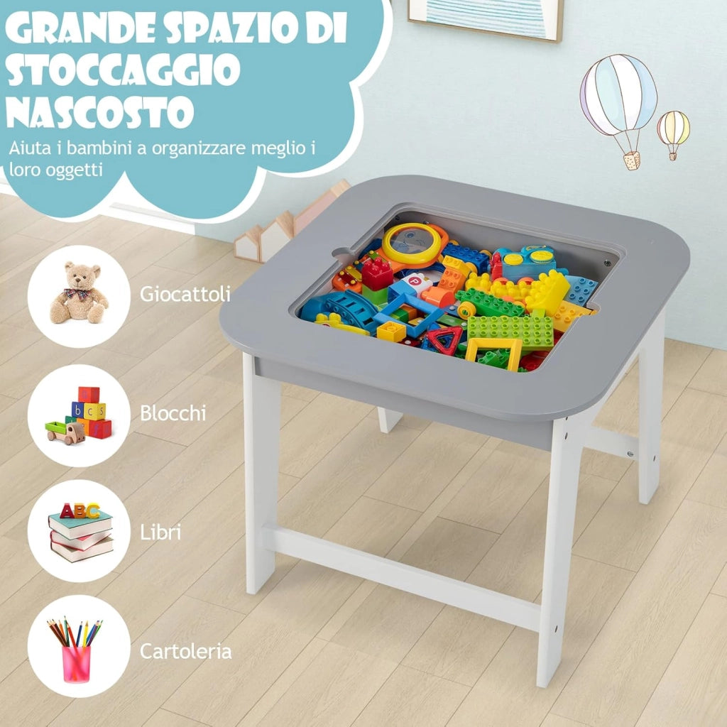 Set Tavolo e 2 Sedie per Bambini, con Lavagna Reversibile, Tavolo Multiattività con Vano Portaoggetti Nascosto e Sedie, per Bambini da 3-6 Anni, per Cameretta e Soggiorno (Grigio)