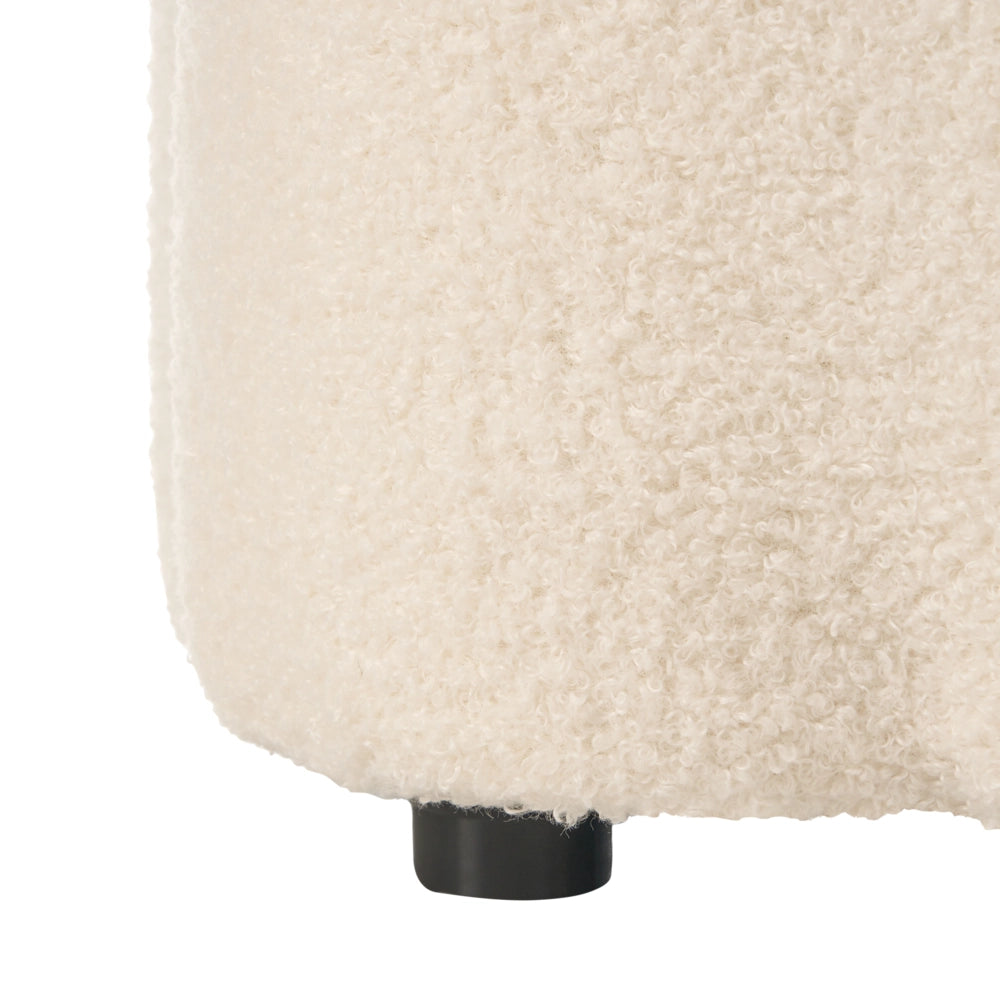 Pouf bianco sporco con rivestimento in bouclé, contenitore e motivo floreale, per soggiorno e camera da letto, stile scandinavo.