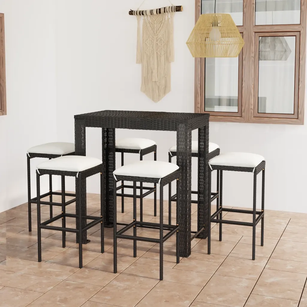 Set Bar da Giardino 7 pz con Cuscini in Polyrattan Nero 3064784