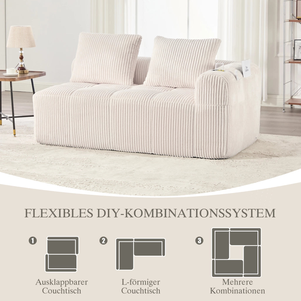DIVANO 2 POSTI 158 cm in velluto a coste Beige con tasche laterali e portabicchieri