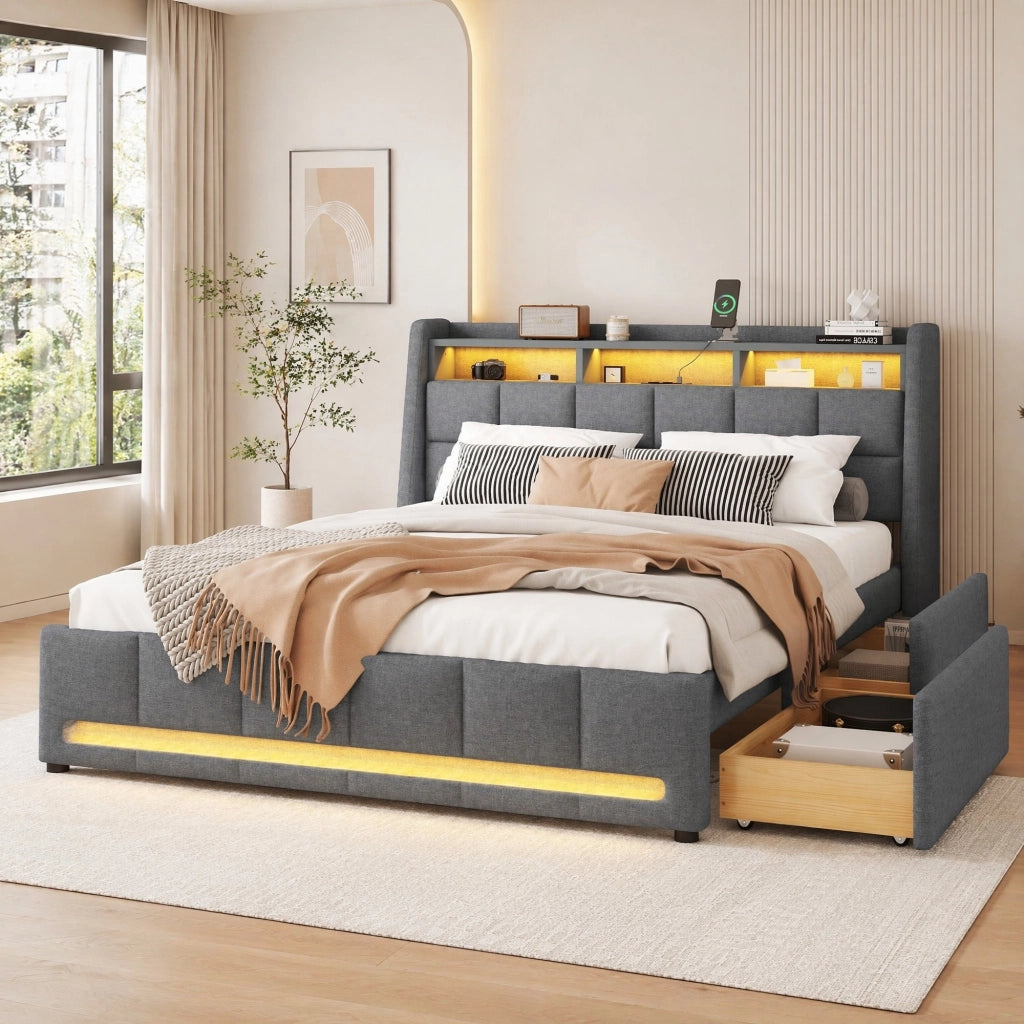 LETTO 140x200 cm con cassetti, LED e USB in lino grigio