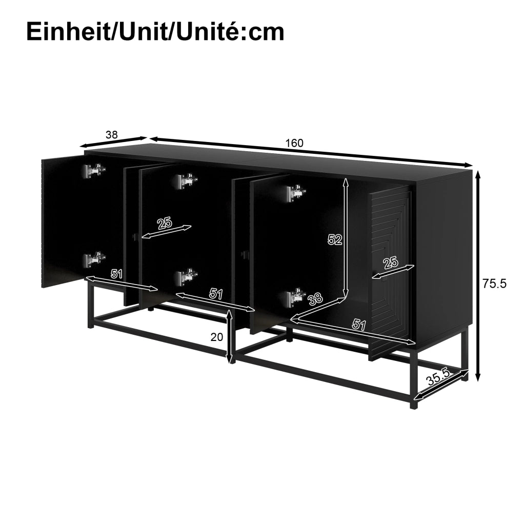 OKWISH Credenza Contenitore con 3 Vani Chiusi, Finitura Opaca e Ante in Rilievo, per Soggiorno o Ufficio, Nera, 160 × 38 × 75,5 cm