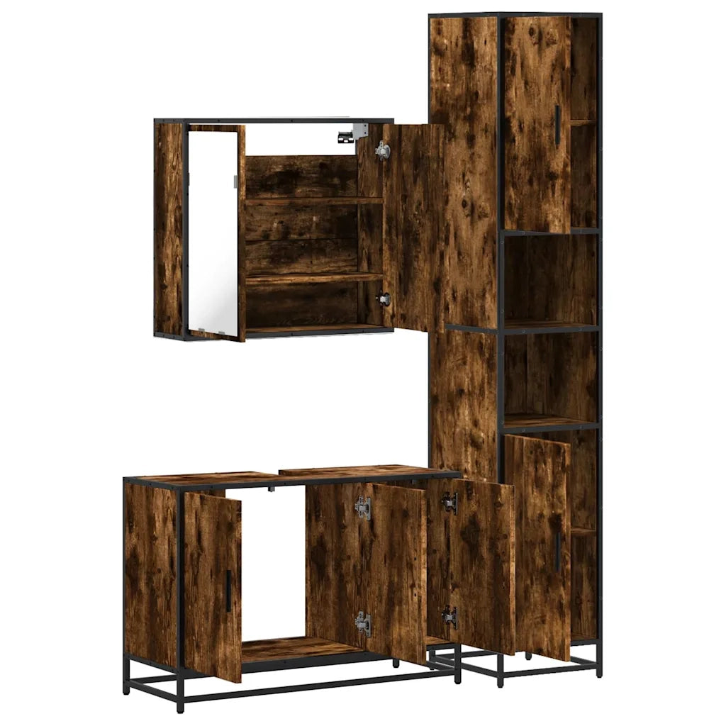 Set Mobili da Bagno 3 pz Rovere Fumo in Legno Multistrato
