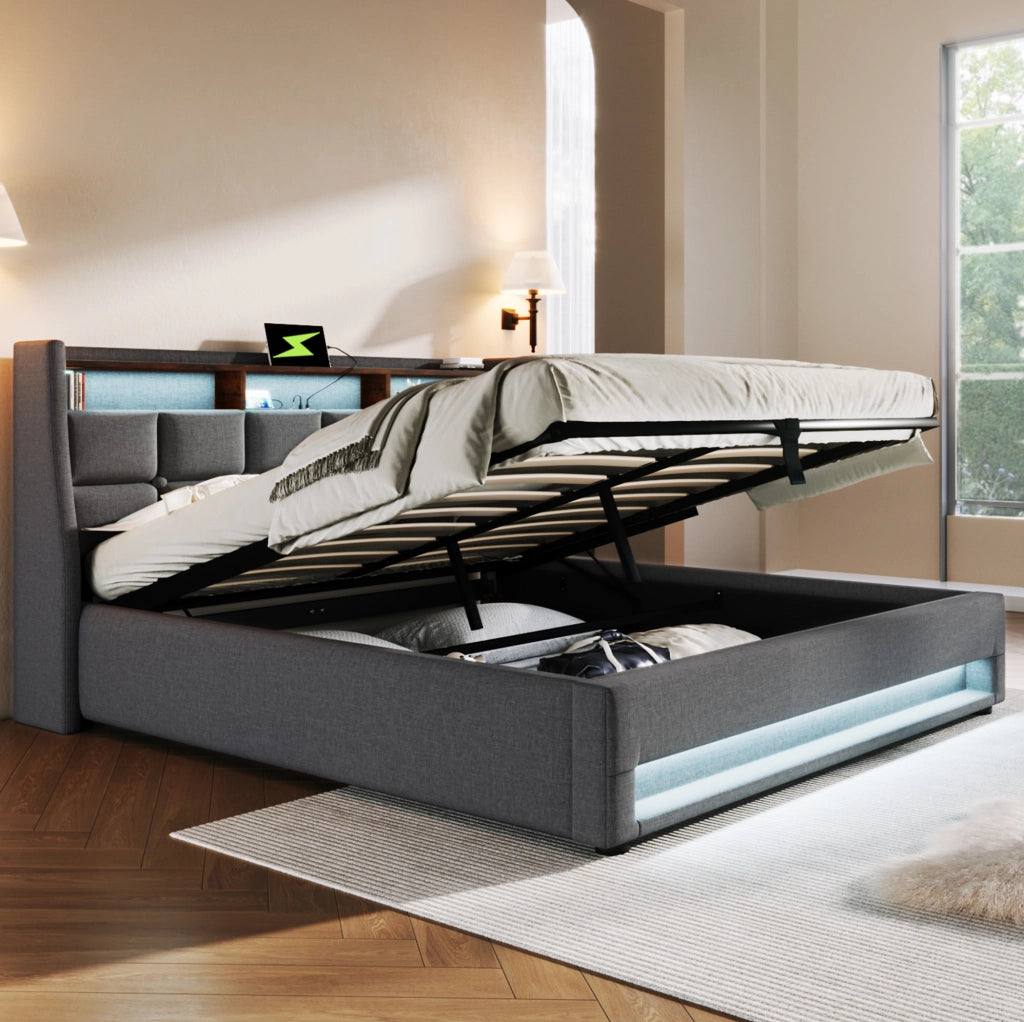 Letto imbottito LED con USB 140x200 cm in lino grigio; contenitore e rete a doghe