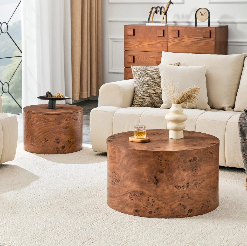 Set 2 tavolini rotondi nesting in MDF marrone con vano contenitore