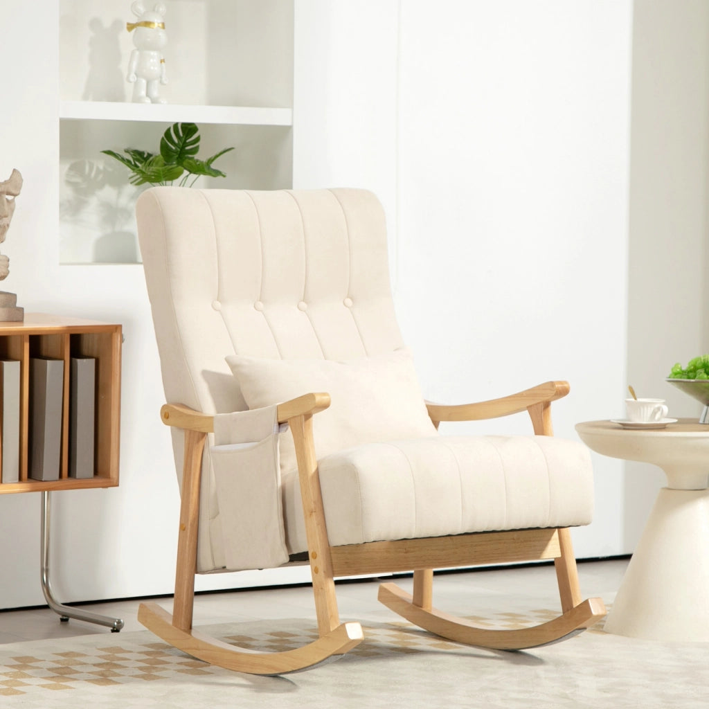 Poltrona a dondolo imbottita con cuscino lombare e tasche laterali struttura in faggio in poliestere beige