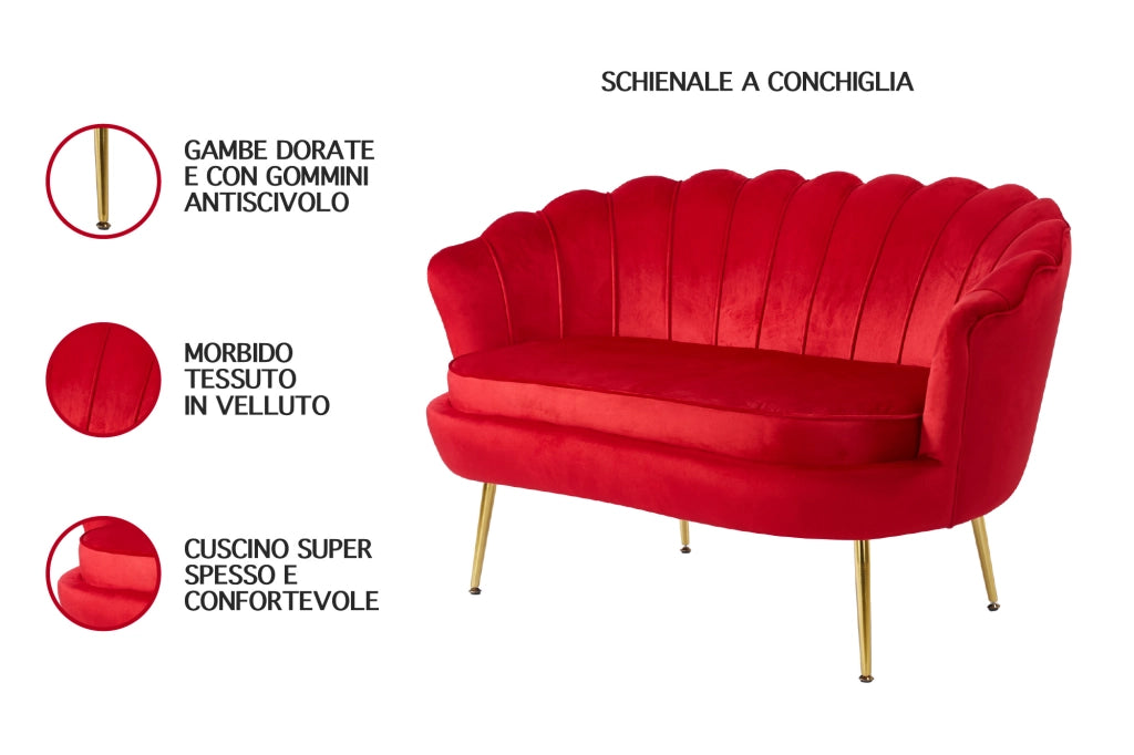 Divano Due 2 Posti In Velluto Forma Conchiglia Gambe In Metallo 133x63x75 Cm Camera Soggiorno Ufficio  Bordeaux