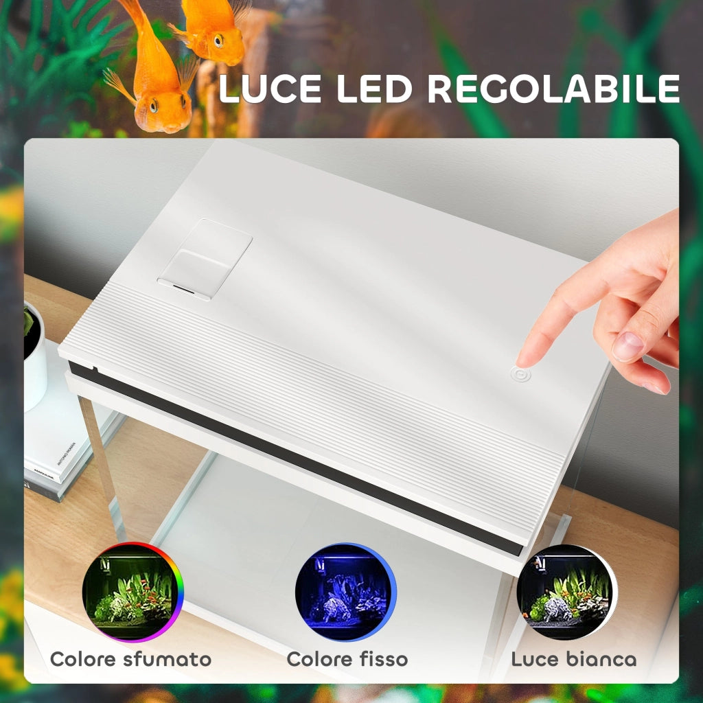 Acquario per Pesci Rossi 26L con Luci LED 38x26x38 cm Sistema di Filtraggio e Pompa d'Acqua Bianco