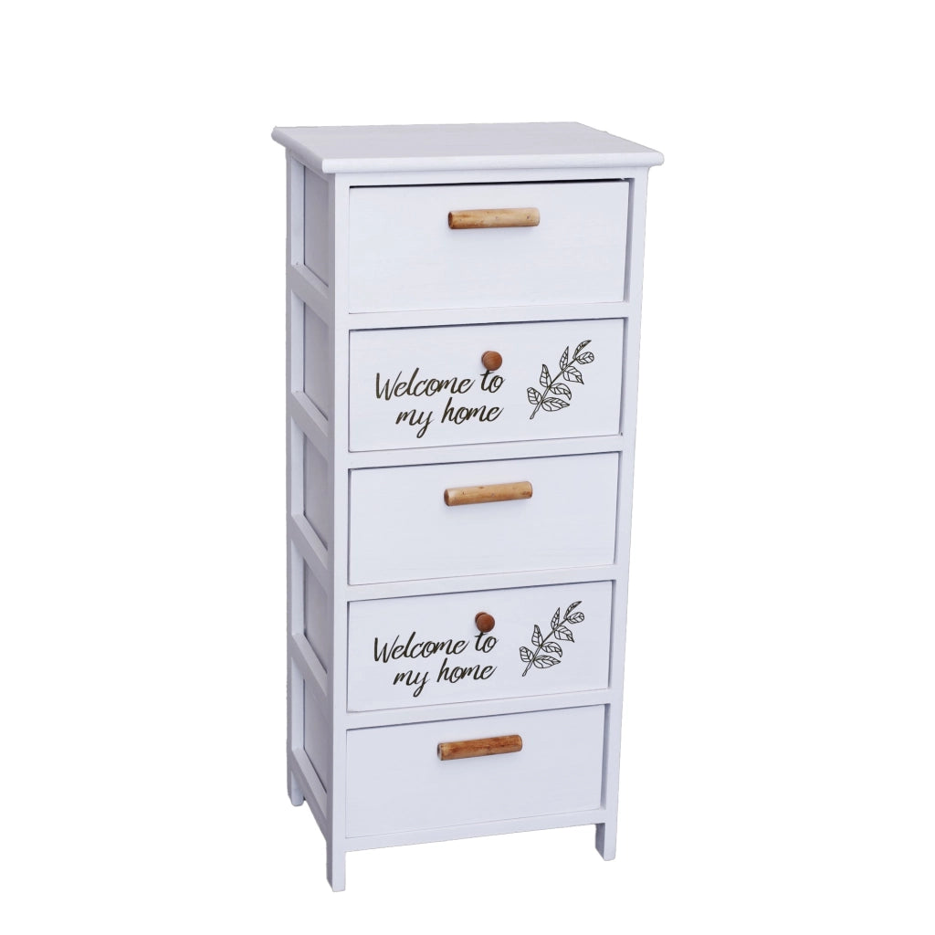 MAURY'S WELCOME MOBILE A 5 CASSETTI  40X29X90 CM IN COLORE BIANCO CON SCRITTE
