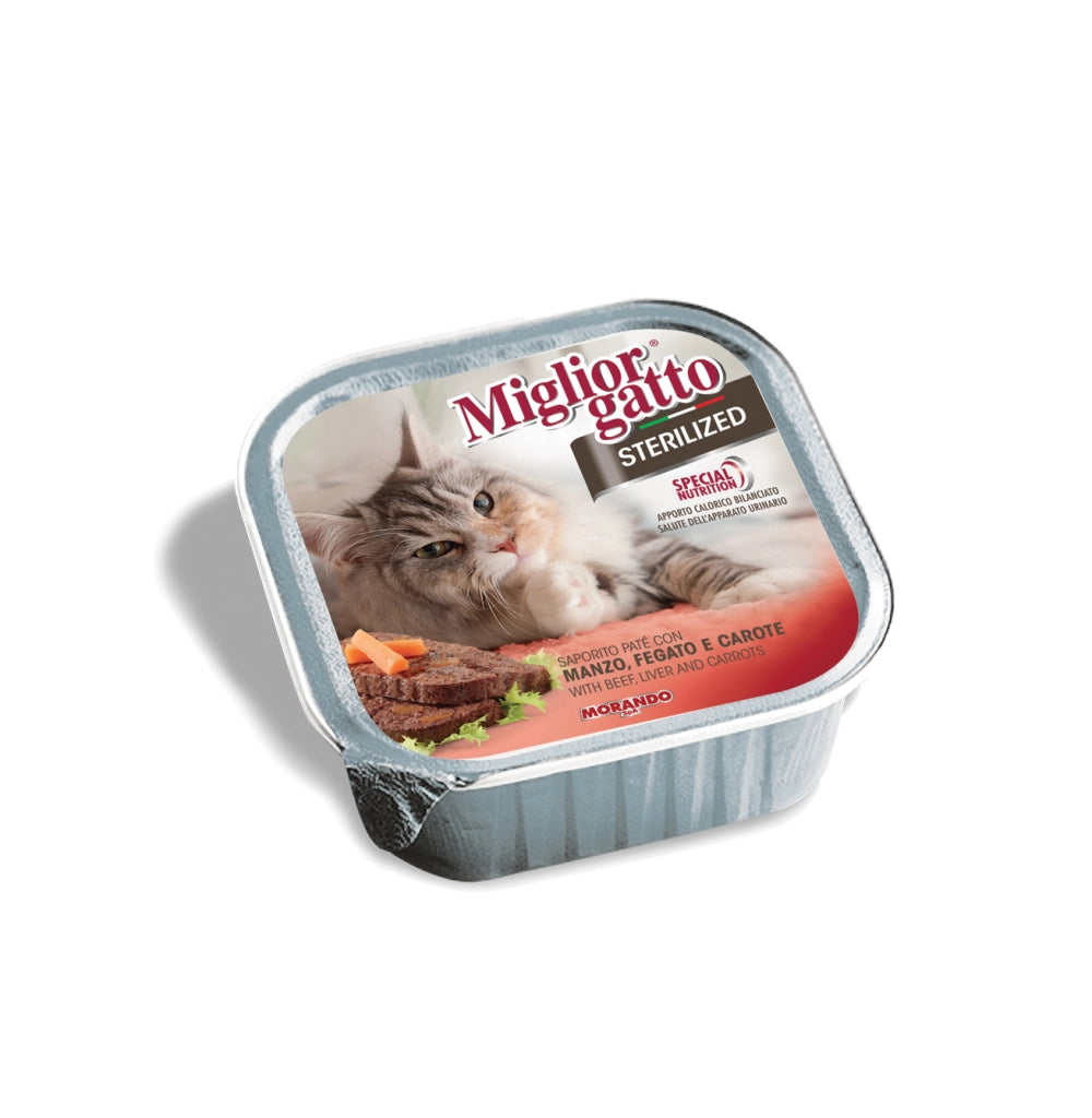 SET 16  CONFEZIONI MIGLIOR GATTO STERILIZED PATE' CON MANZO FEGATO CAROTE 100 GR